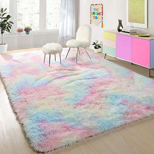 Product Image of the PAGISOFE 4x6 Rainbow Fluffy Soft Plush Area Rugs for Girls Bedroom, Shaggy Rugs...