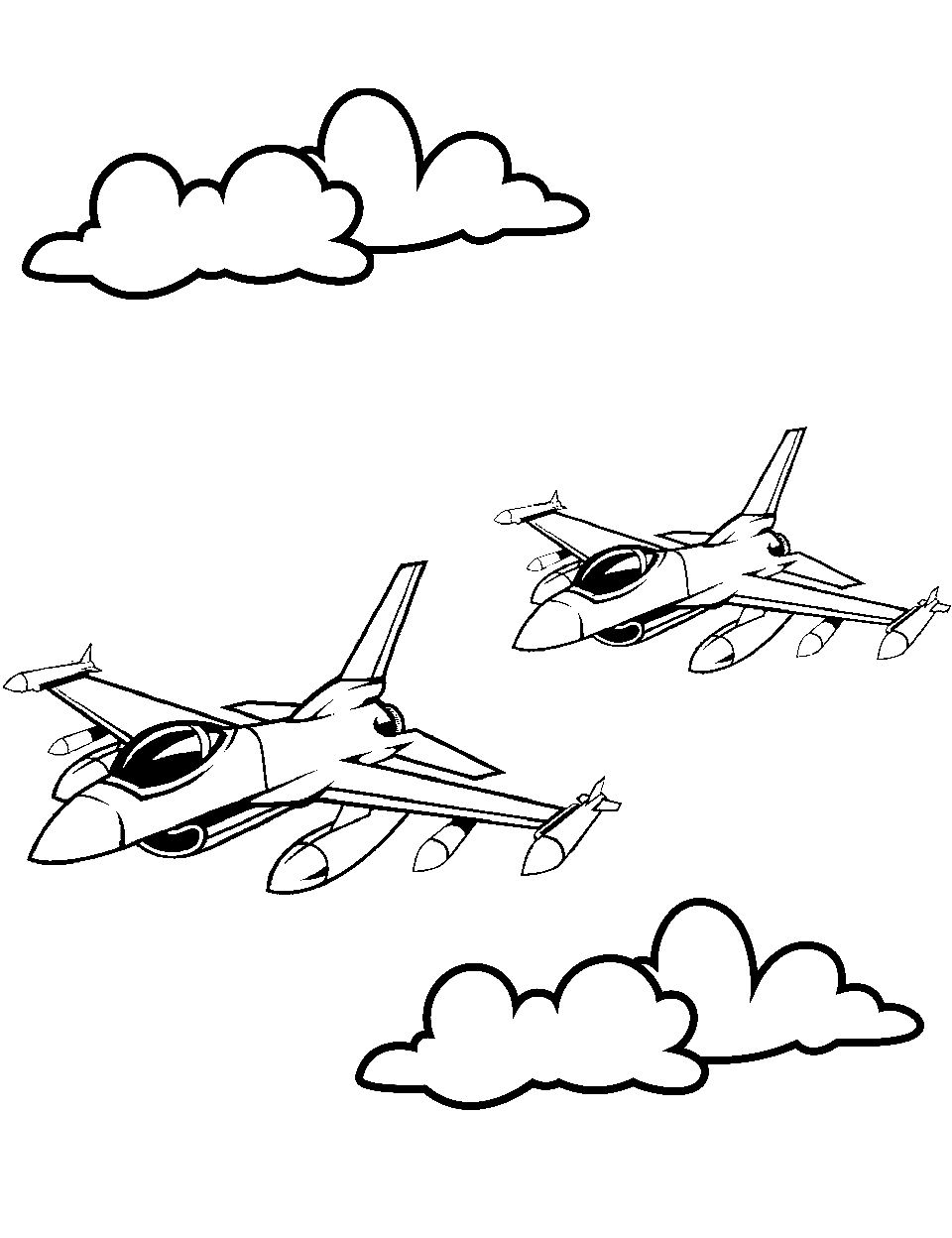 Military Formation Airplane Coloring Page - Military jets flying in formation at an air show.