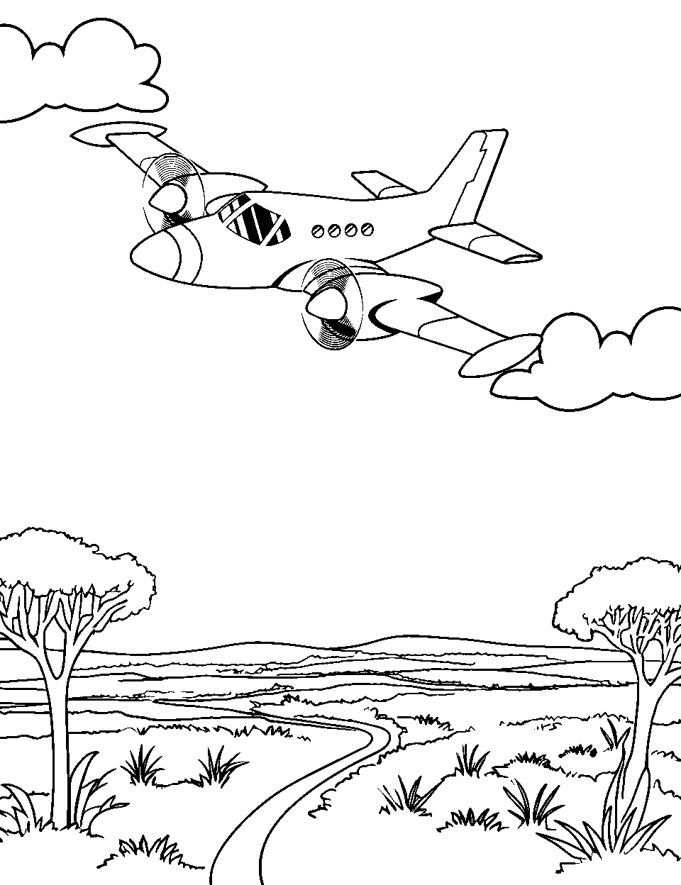 Wildlife Watching Airplane Coloring Page - An airplane flying over a savanna.