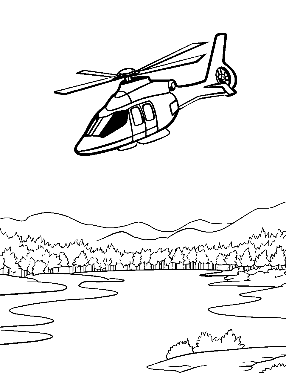 Helicopter Tour Airplane Coloring Page - A helicopter giving a tour over a scenic landscape.