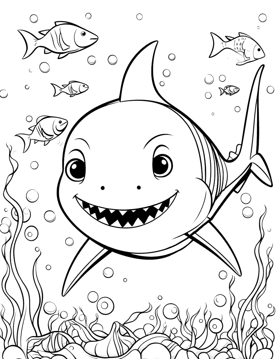 Ocean Adventure with Baby Shark Coloring Page - Baby Shark exploring the ocean with coral, fish, and sea plants.