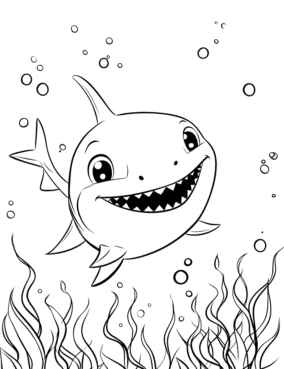 Baby Shark's Seaweed Dance Shark Coloring Page - Baby Shark dancing among swaying seaweed.