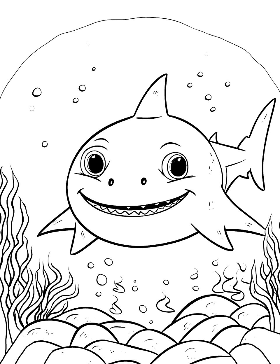 Hide and Seek with Baby Shark Coloring Page - Baby Shark heading for a cave to hide from Mommy shark.