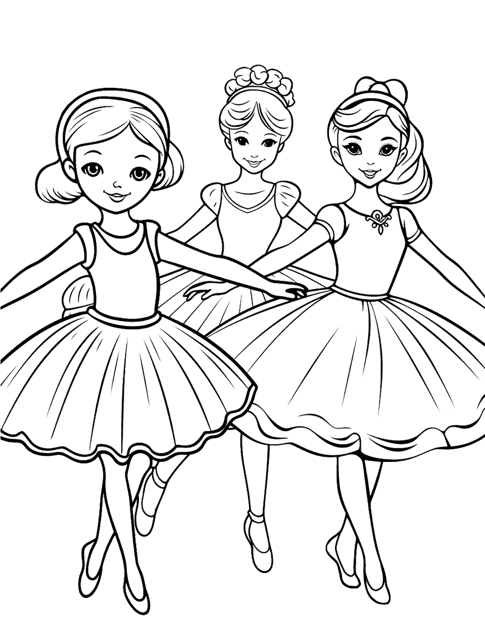 Ballet Class Fun Ballerina Coloring Page - A group of young ballerinas enjoying a dance class.