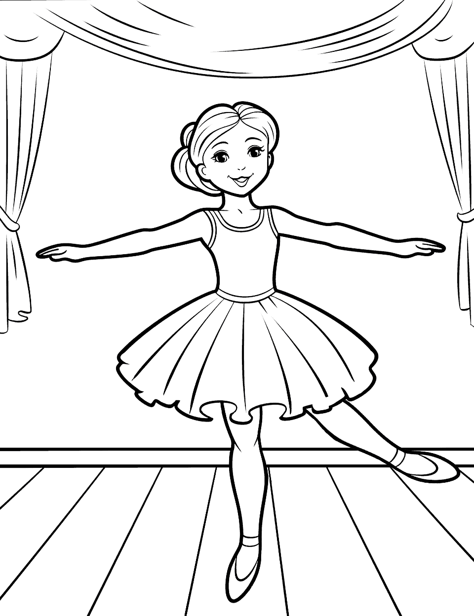 Ballerina On Stage Coloring Page - A ballerina performing on a stage.