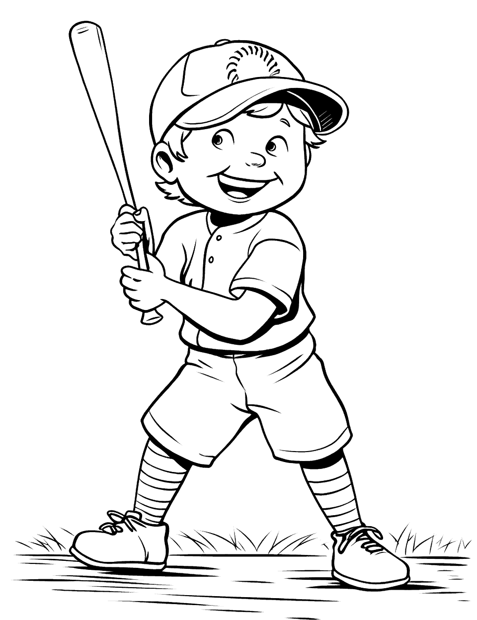 Ball Fun Baseball Coloring Page - A young child hitting a ball off with a proud and happy expression.