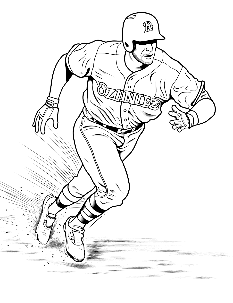 Star Player Baseball Coloring Page - A Star player sliding into home base with dust flying around.