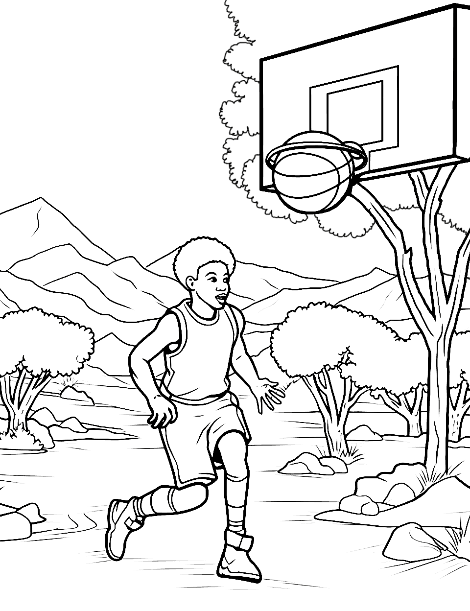 Jungle Basketball Coloring Page - A kid playing basketball on an outdoor court in a jungle with trees nearby.