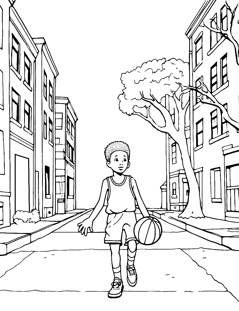 City Street Court Life Basketball Coloring Page - An urban scene with a kid playing basketball on a city street court with buildings around.