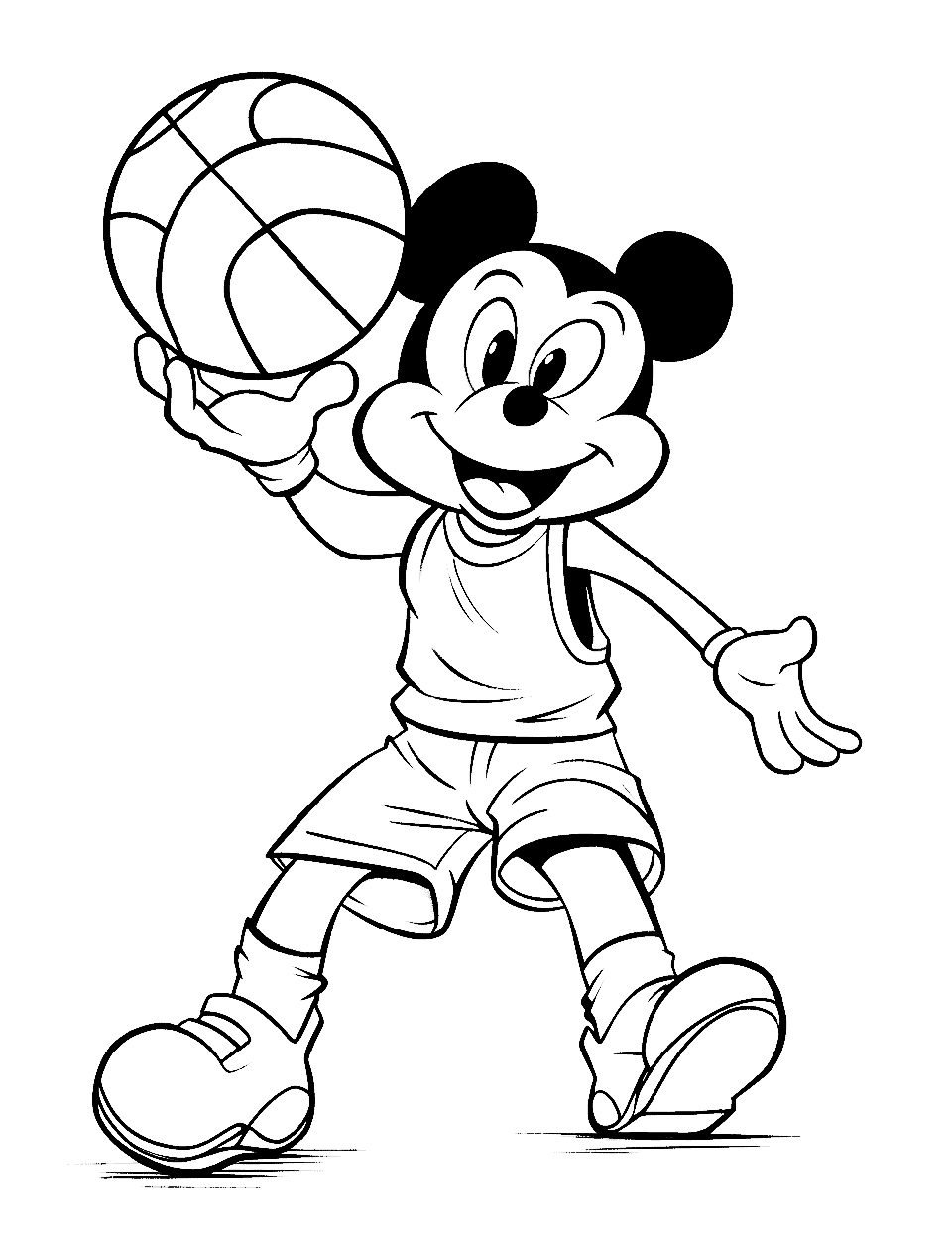 Mickey Mouse Dribbling Basketball Coloring Page - Mickey Mouse in a basketball uniform dribbling a basketball.