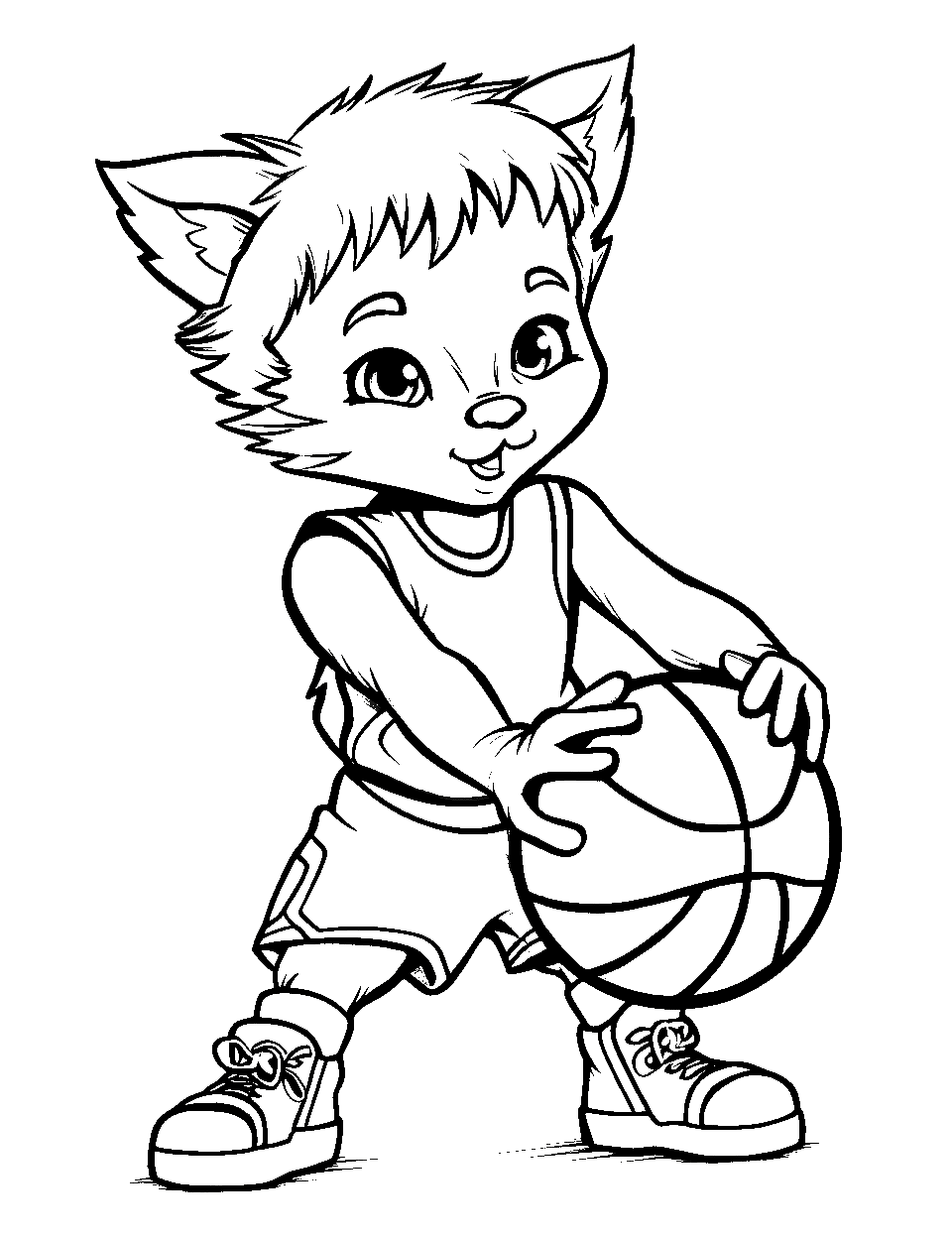 Cute Animal Basketball Coloring Page - A cute cat like animal playing basketball with a small ball.