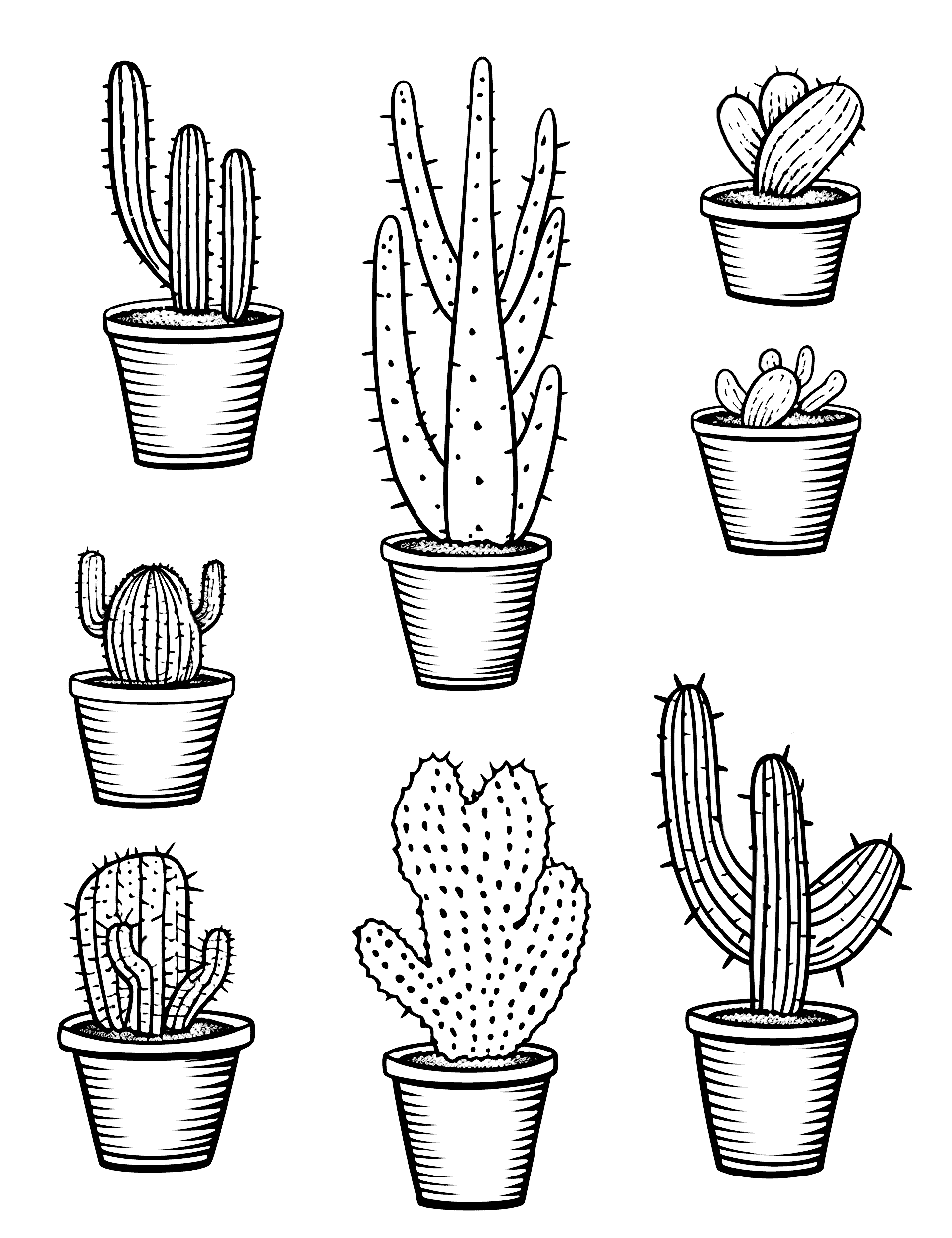 Small Cactus Collection Coloring Page - An assortment of small, different types of cacti, each with its unique shape and size.