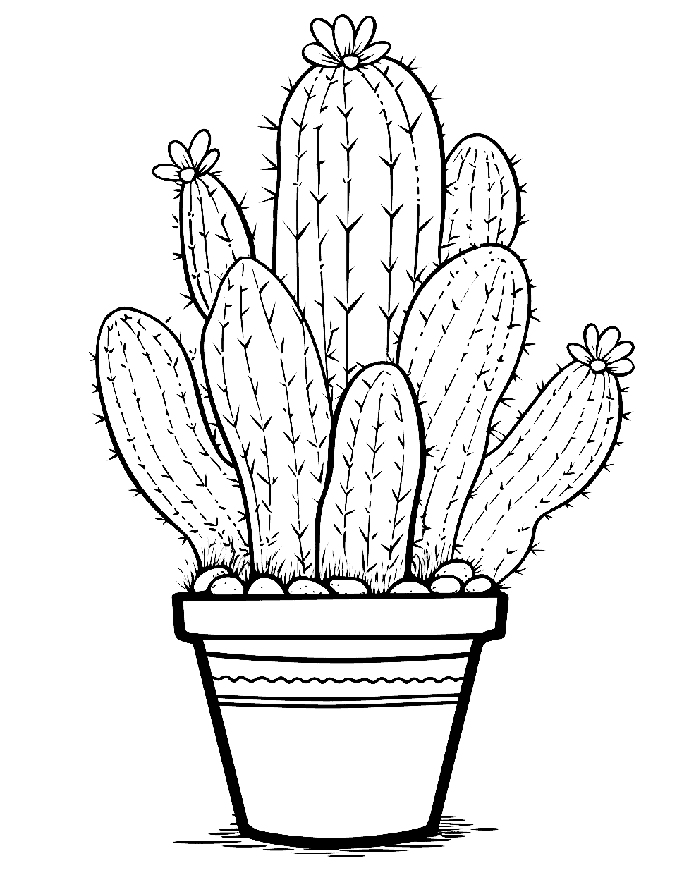 Pretty Cactus in a Pot Coloring Page - A beautifully detailed cactus with flowers, sitting in a decorative plant pot.