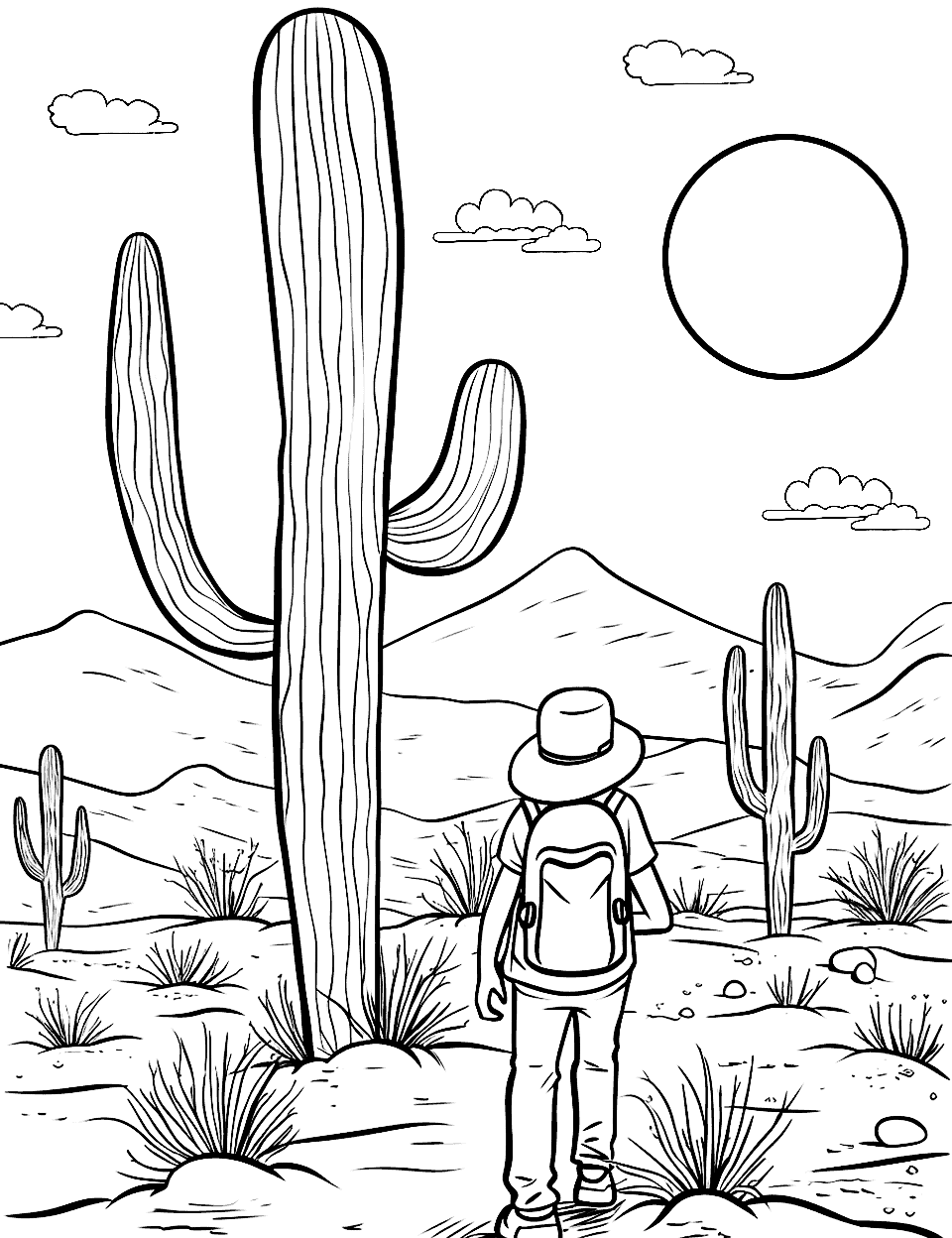 Cactus Adventure Scene Coloring Page - A cactus in the foreground with a backdrop of a desert adventure, like a treasure hunt or exploration.