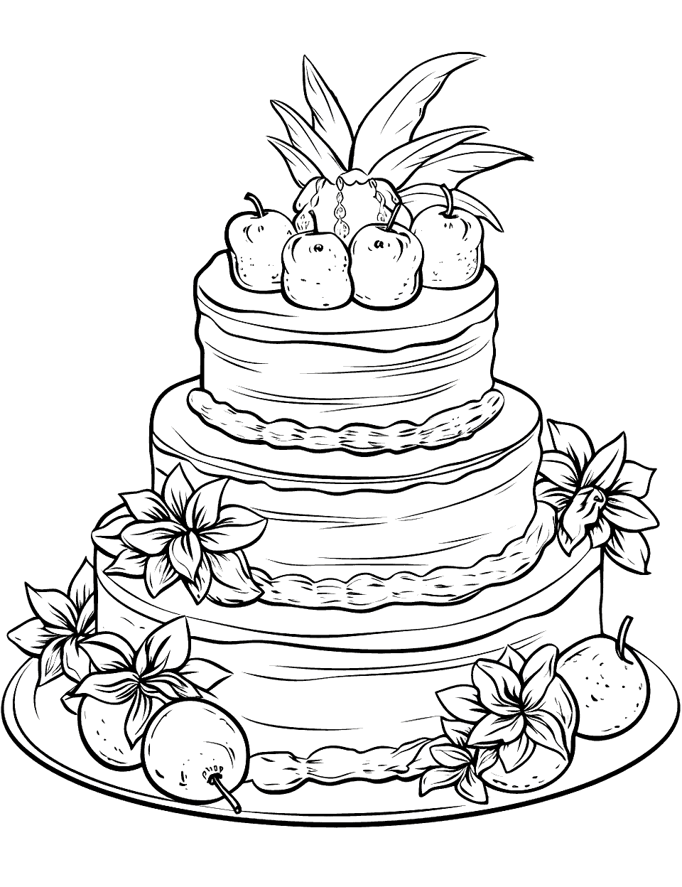 Tropical Paradise Cake Coloring Page - A cake with tropical fruits.