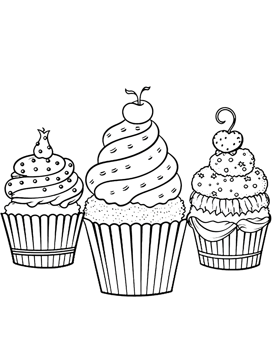 Cupcake Parade Cake Coloring Page - A row of different flavored cupcakes, each uniquely decorated.