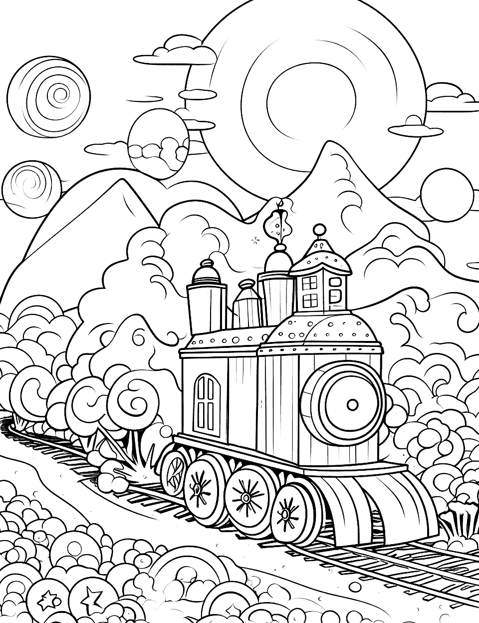 Candy Train Journey Coloring Page - A train made of candies traveling through a landscape of sweetness.