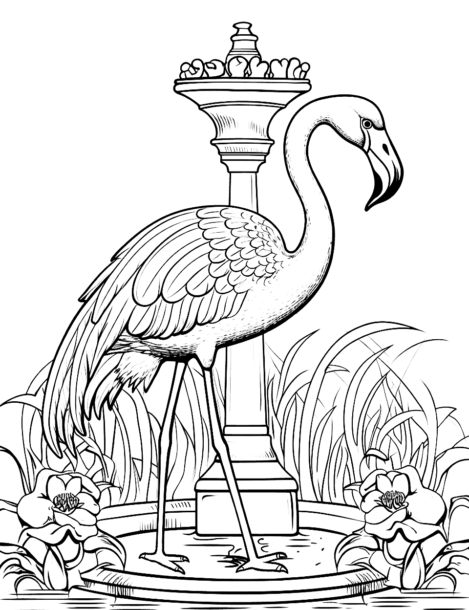 Flamingo at the Fountain Coloring Page - A detailed scene of a flamingo standing by a fountain.