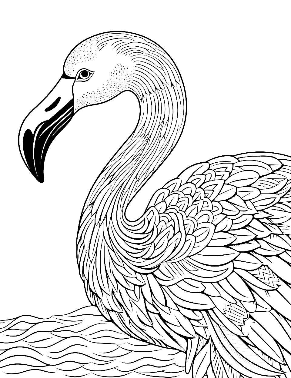 Detailed Flamingo Portrait Coloring Page - A close-up, detailed image of a flamingo’s head and neck, showing intricate feather patterns, ideal for adults to color.