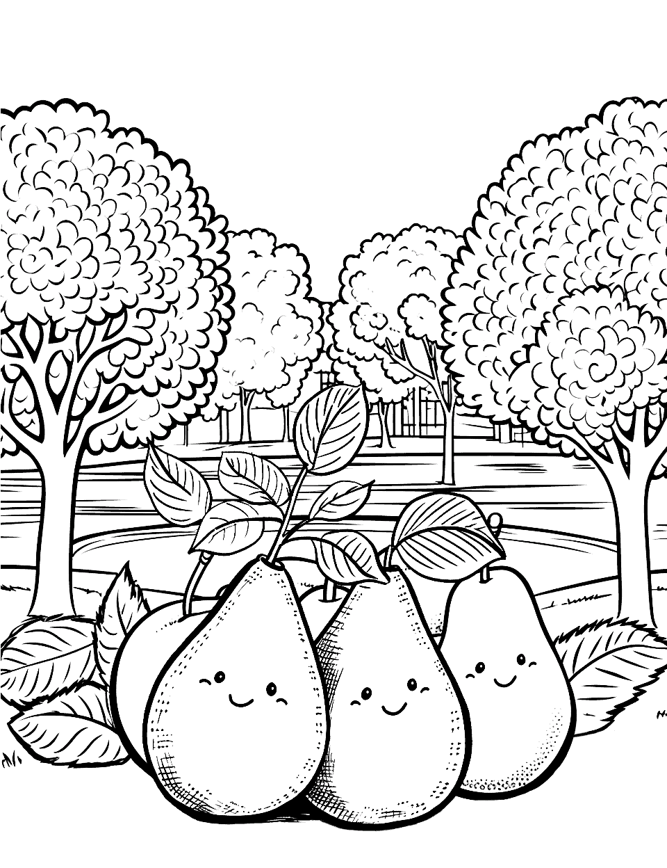 Pear Park Fruit Coloring Page - Group of pears in a park sitting together.