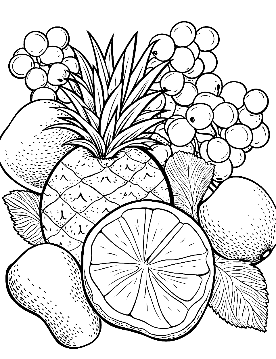 Summer Fruit Fest Coloring Page - Various summer fruits like peaches and plums.