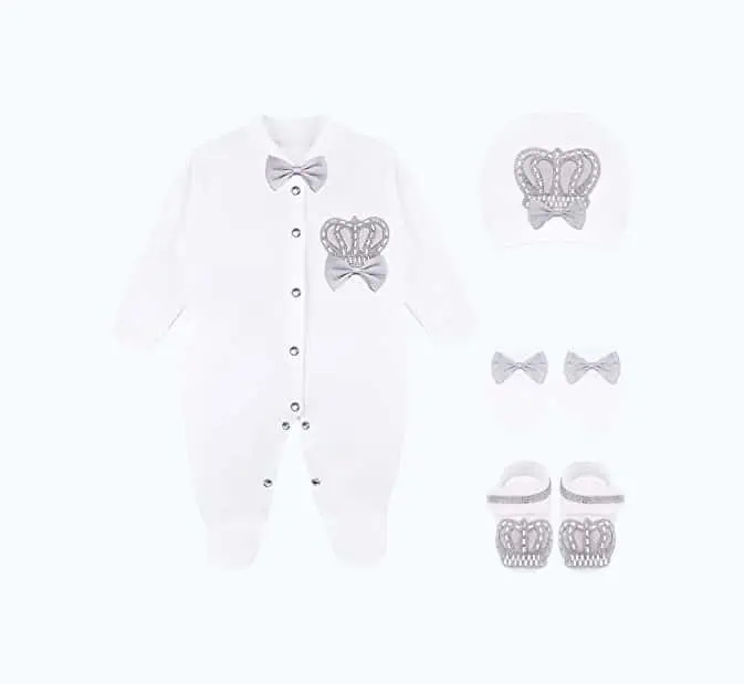 Product Image of the Lilax Baby Boy Jewels Crown Layette 4 Piece Gift Set 0-3 Months Gray