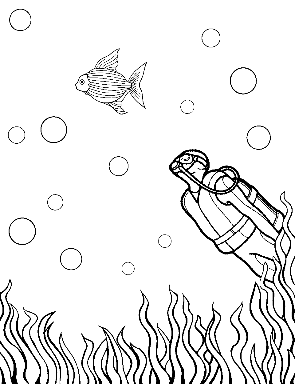 Scuba Diver Exploration Ocean Coloring Page - A diver swimming near the ocean floor, observing a fish.