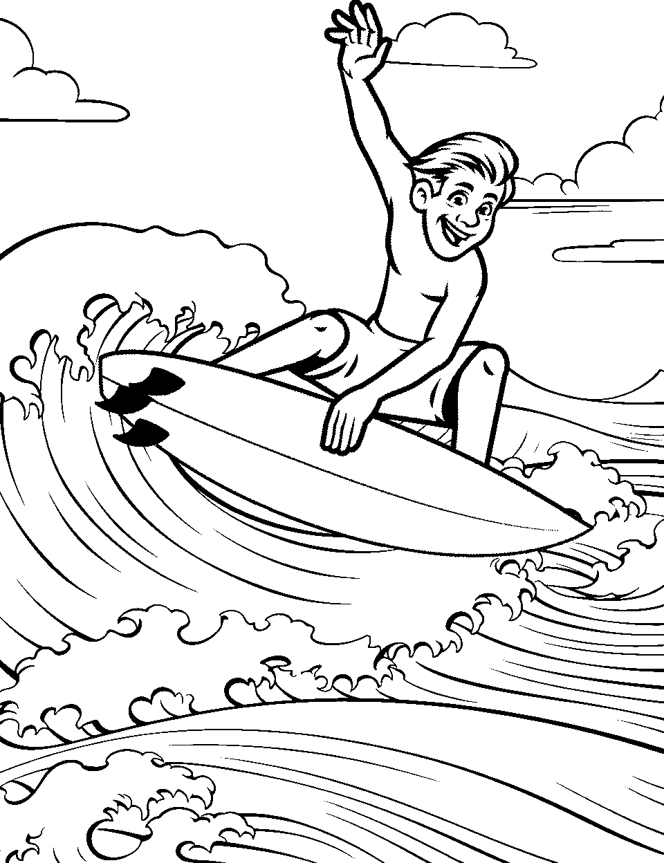 Surfing at the Beach Ocean Coloring Page - A cheerful man surfing on a wave.