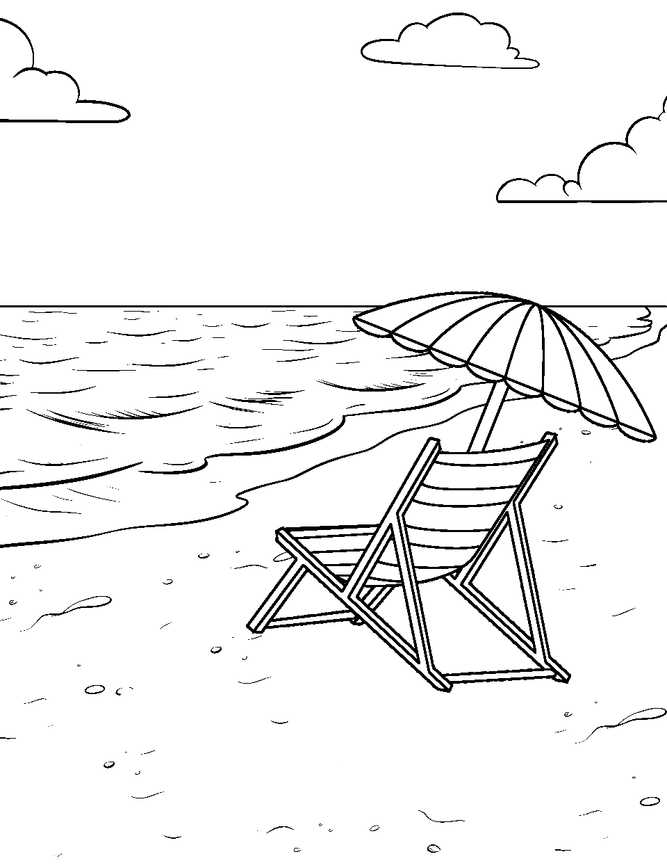 Beach Umbrella and Chair Ocean Coloring Page - A relaxing beach scene with an umbrella and a chair.