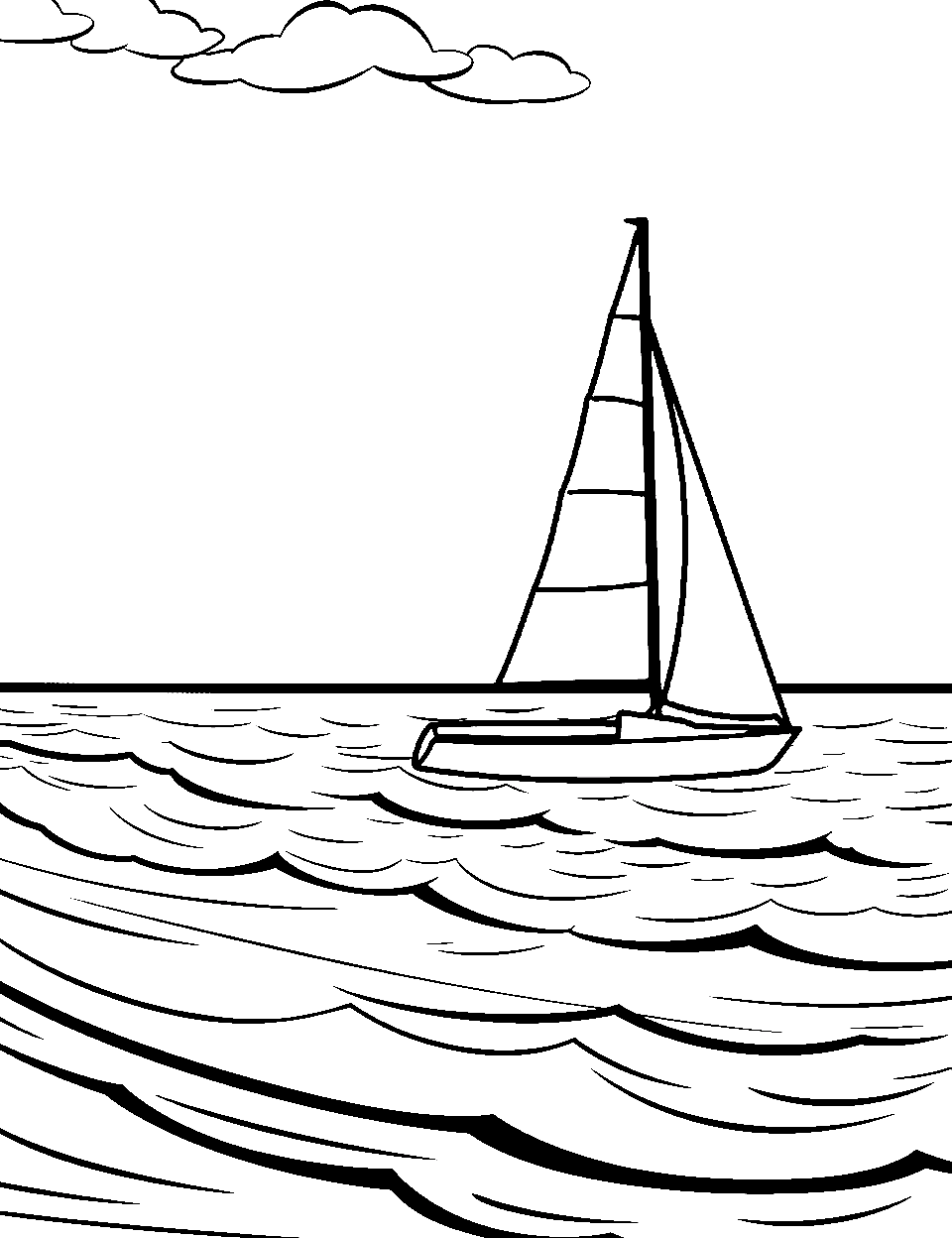 Boat Sailing on a Calm Sea Ocean Coloring Page - A small boat sailing on a calm ocean, with a clear sky.