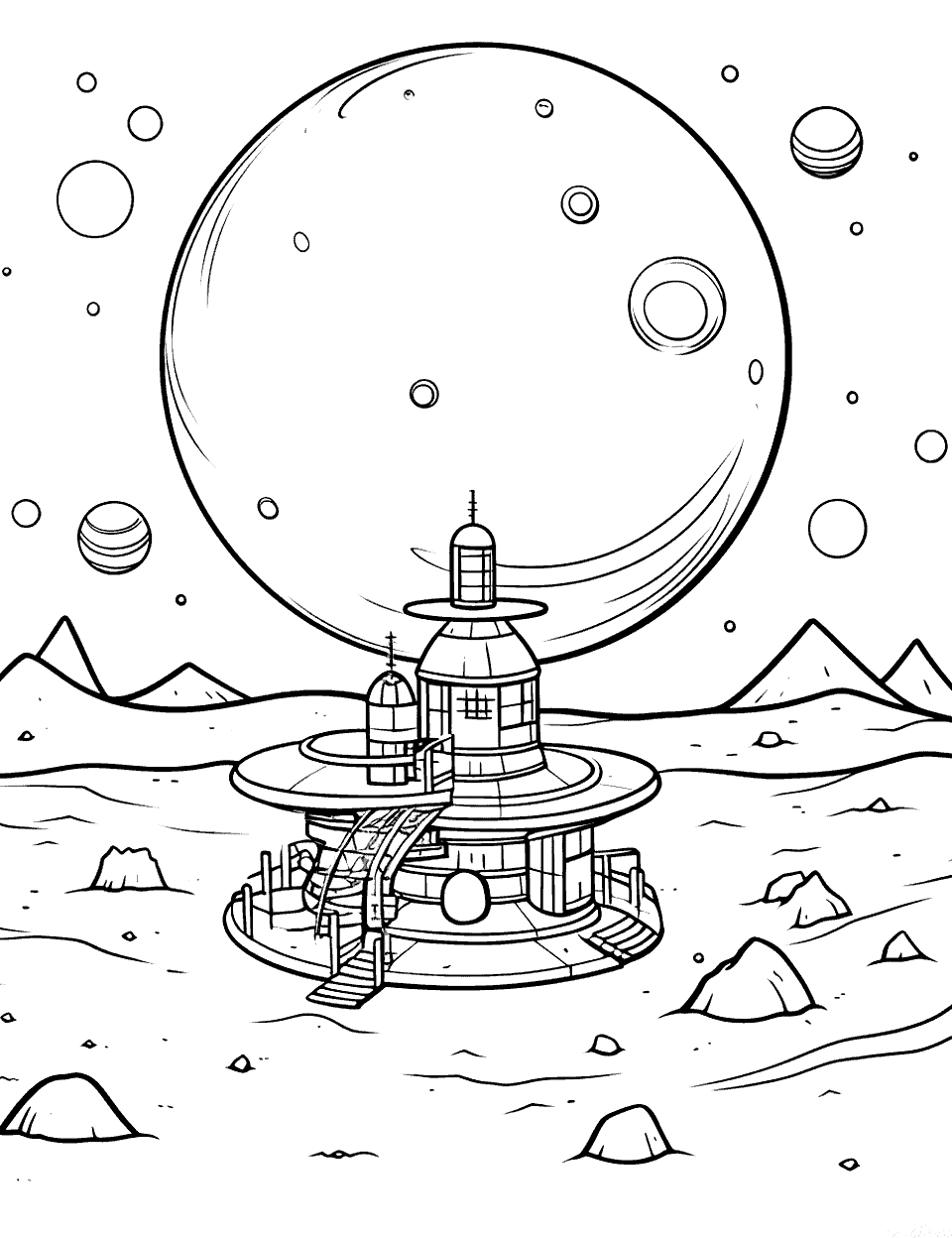 Lunar Base Concept Solar System Coloring Page - A futuristic lunar base on the moon’s surface.