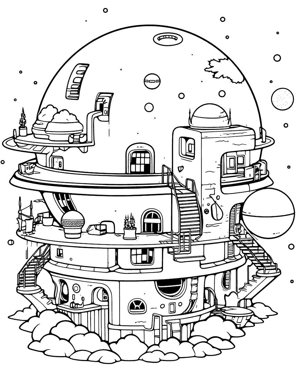 Space Habitat Solar System Coloring Page - A futuristic space habitat.