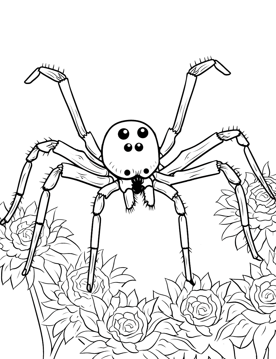 Garden Spider Among Flowers Coloring Page - A spider in the midst of colorful garden flowers.