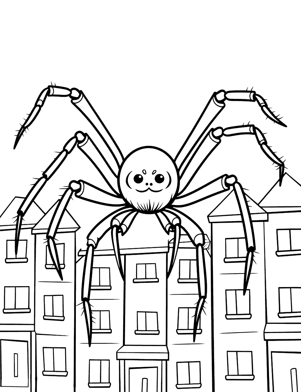 Giant Spider in a Cityscape Coloring Page - A giant spider crawling over buildings in a city.