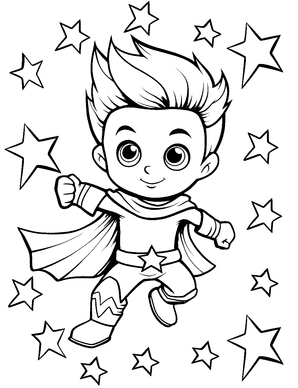 Super Star Adventure Coloring Page - A star character dressed in a cape, flying through the sky.