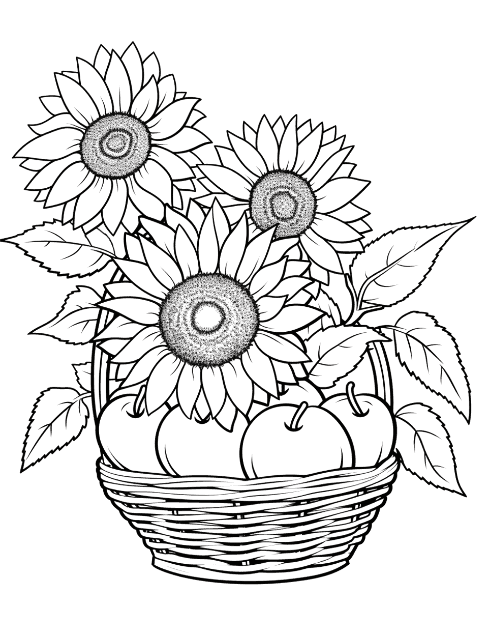 Fruit Basket With Sunflowers Sunflower Coloring Page - A sunflowers and a basket filled with fruits.