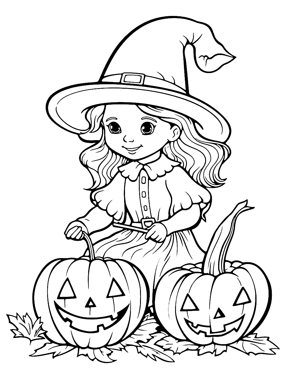 Witch Carving a Pumpkin Coloring Page - A witch with large, smiling pumpkins carving it with care.